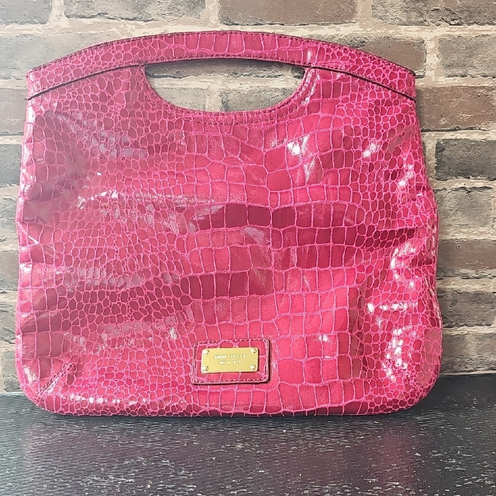 Nine West Pink Faux Croc Embossed Tote Bag Cutout Handle Y2K)